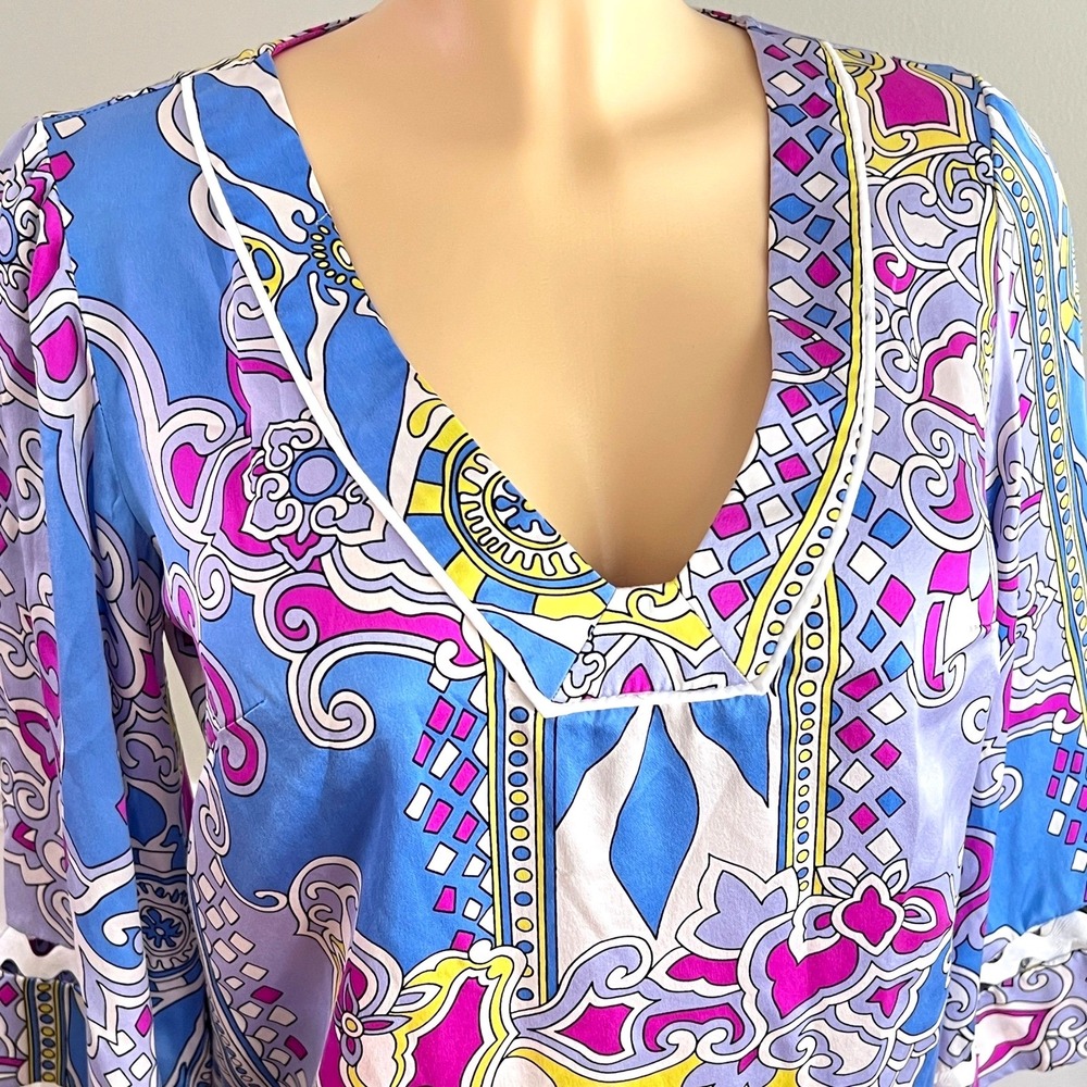Alice + Trixie Tunic Top Women Small Silk Retro 70s Bell‎ Sleeve Blue Boho Retro